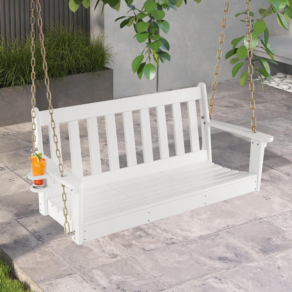 Tangkula 2 Person Hanging Porch Swing, Outdoor Bench Swing with Adjustable Chains, Hidden Cup Holder, HDPE Tree Swing Chair for Patio Backyard Deck Garden, 54 Inch