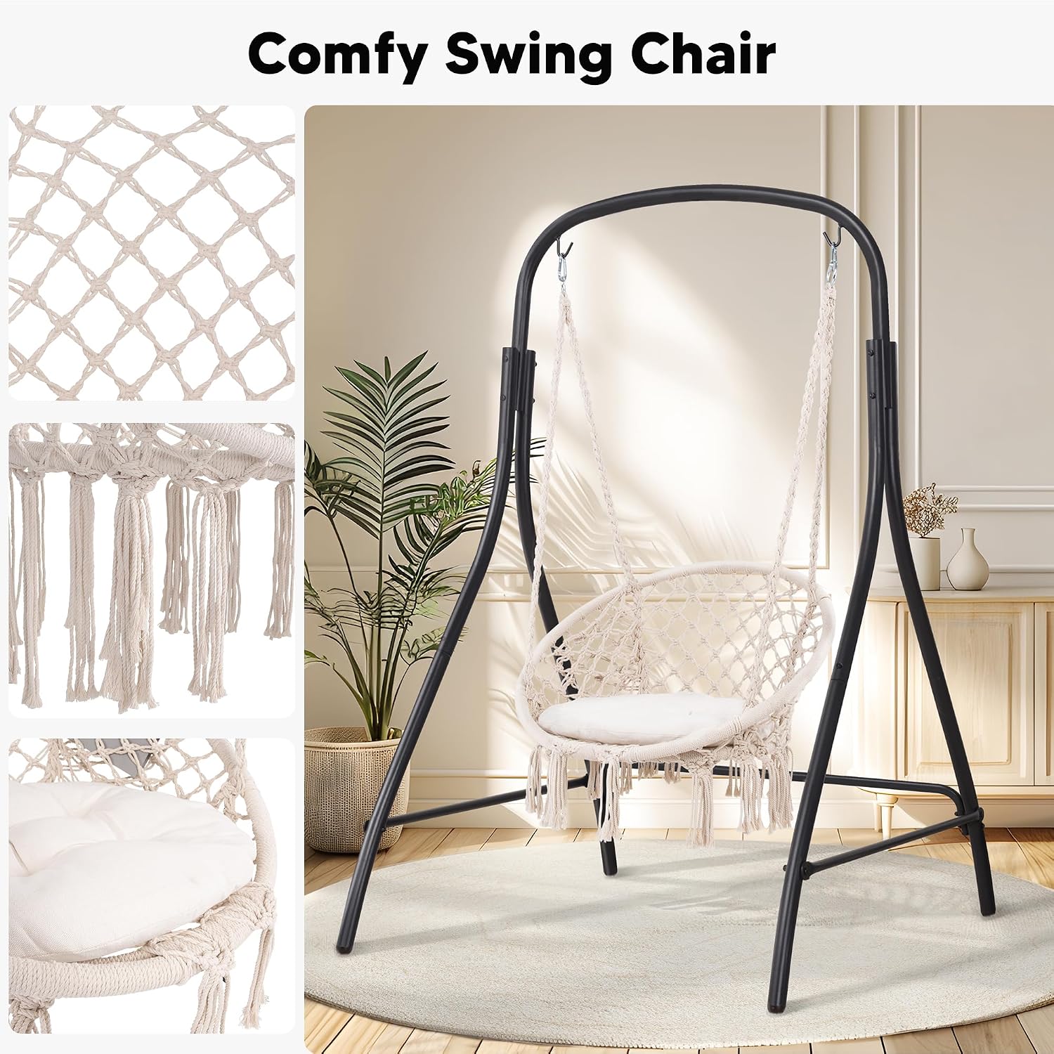 SUNCREAT Indoor Hammock Swing Chair with Stand, Hanging Chair Outdoor with Stand, 400 lbs Capacity, Beige