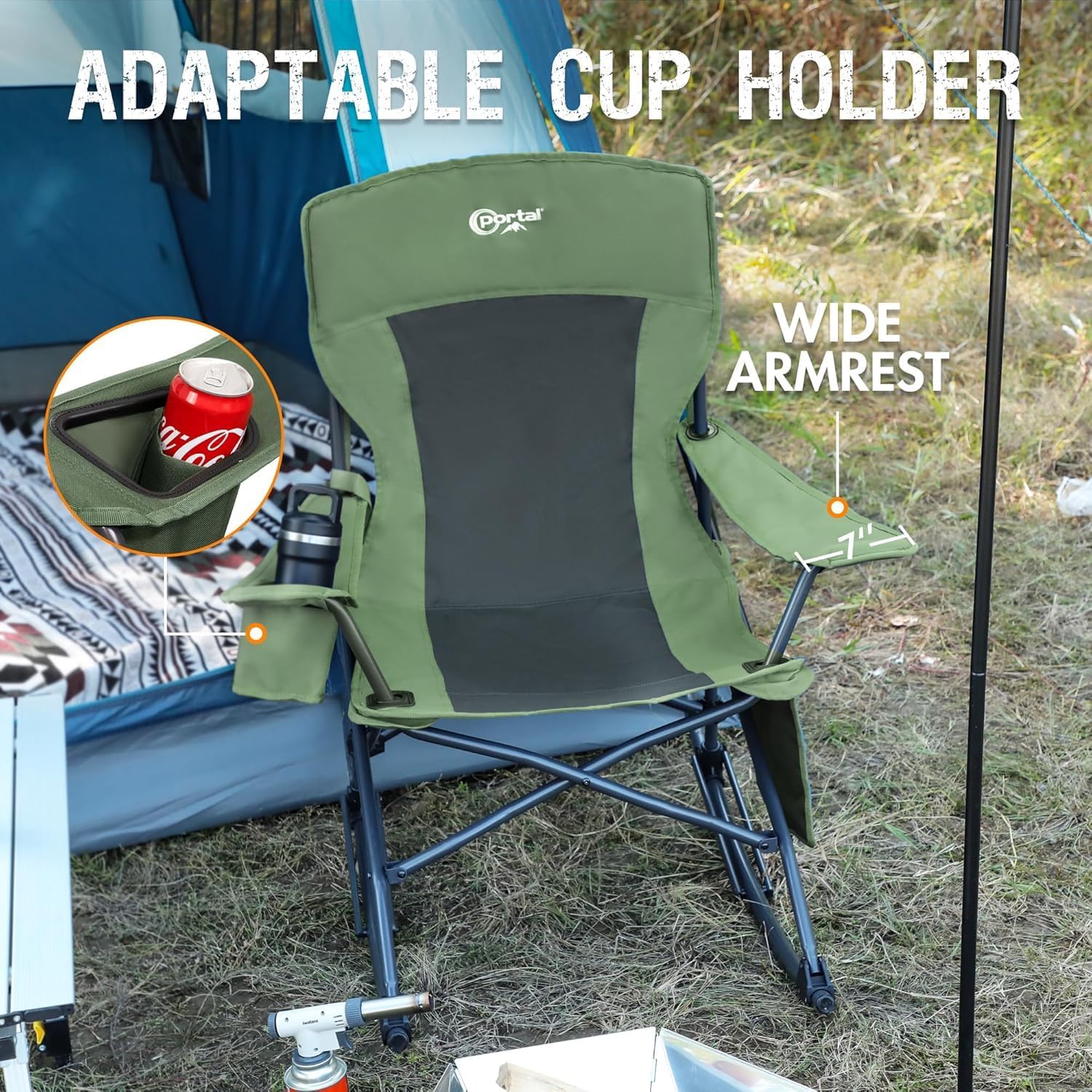Portal Outdoor Rocking Chair Camping Folding Portable Rocker with Cup Holder Side Pocket Carry Bag, Support 350LBS (Green), 2 Pack