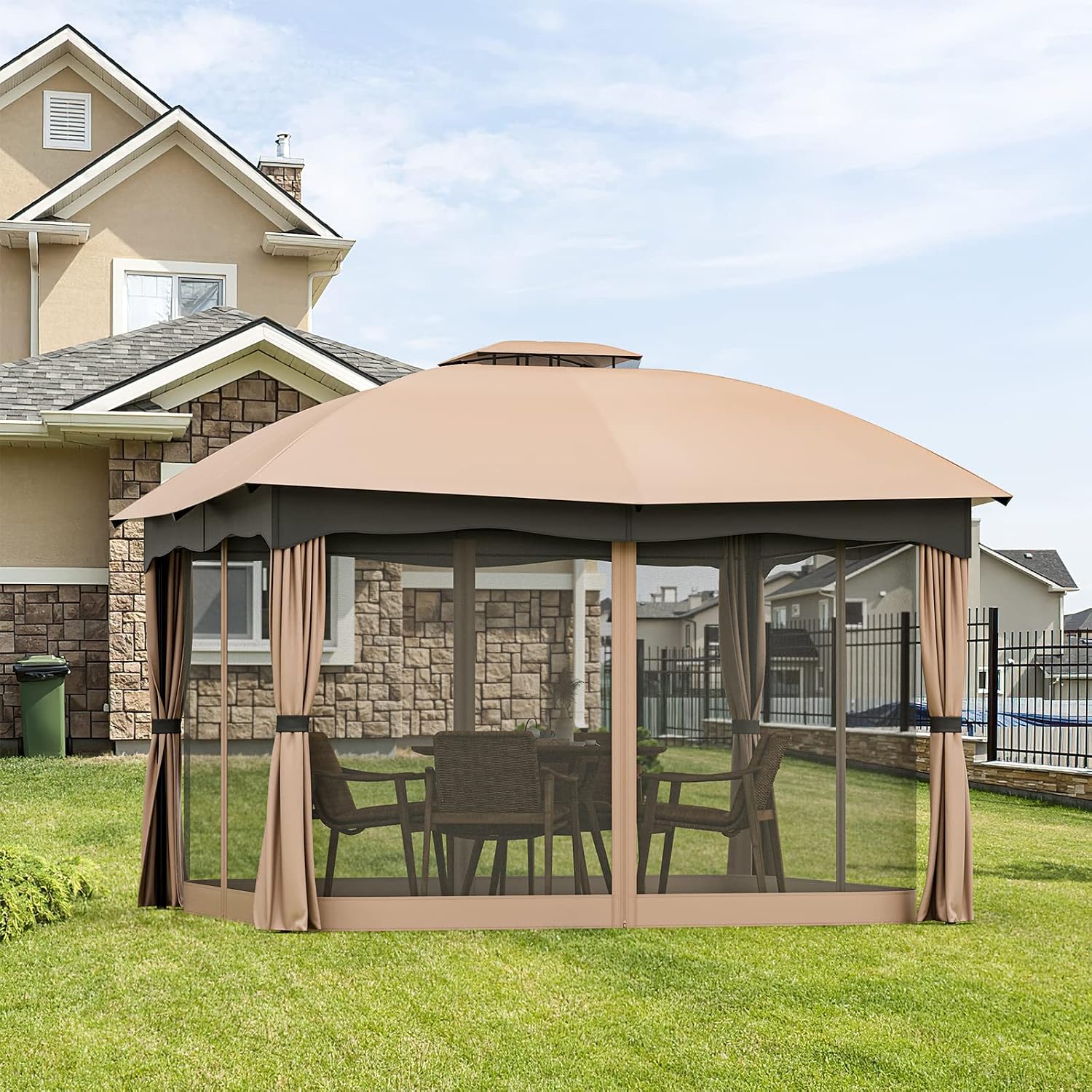 Tangkula 10x12 Ft Patio Gazebo, Double Vented Gazebo with Zippered Privacy Curtains, Mesh Screen Netting, Outdoor Steel Gazebo for Deck, Garden, Yard, Poolside (Brown)