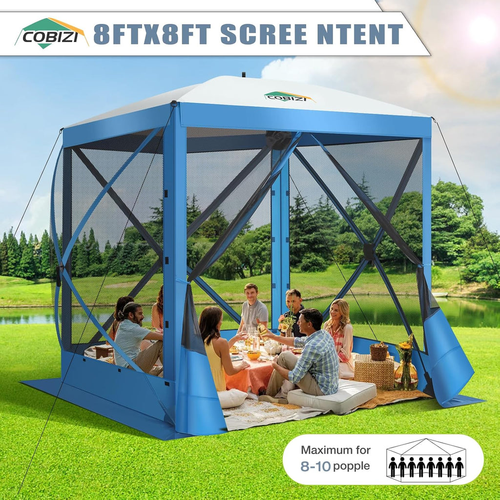 COBIZI Pop Up Gazebo Screen Tent Screen House for Camping, 8FTx8FT Screen Room with Mosquito Netting, Hub Tent Instant Screened Canopy with Carrying Bag and Ground Stakes, Blue