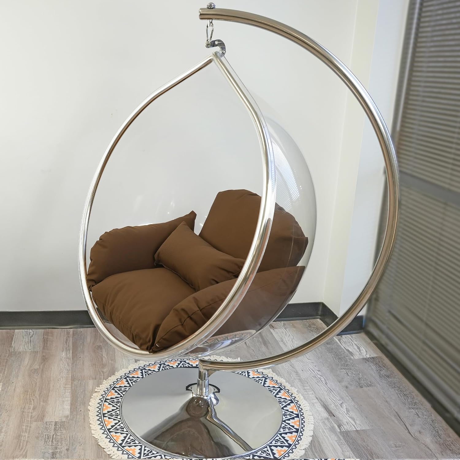 Hanging Chair - Transparent Acrylic Bubble, Waterdrop Shape, Indoor Swing Chair with Gold/Chrome Stand, Durable Fabric Cushion - Luxury Accent for Living Room, Bedroom (Chrome/LightCoffee)