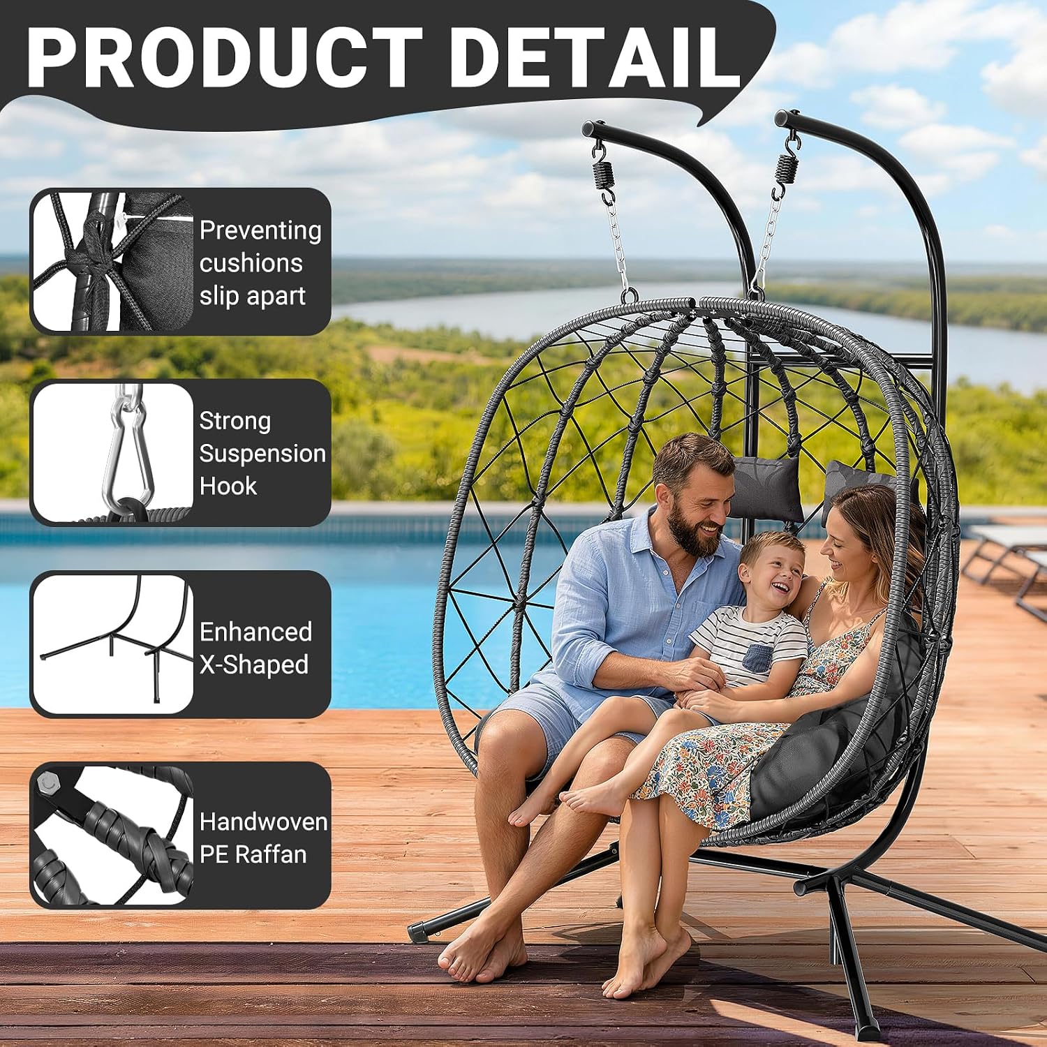 LEVELEVE Double Egg Swing Chair with Stand - 2 Person Outdoor Patio Hanging Wicker Hammock Chair with Cushion, Dark Grey, for Garden, Lawn, Bedroom, Indoor/Outdoor Use