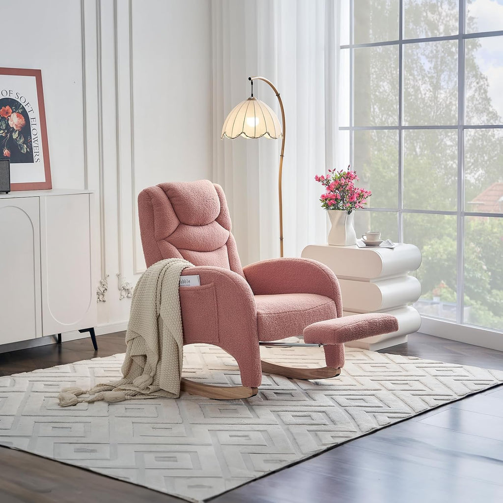 FOXHUNTER Rocking Chair Nursery, Modern Glider Chair with Adjustable Footrest and Solid Wood Legs, High Backrest Nursery Chair with Side Pocket, Rocker Armchair for Living Room Bedroom, Teddy Pink