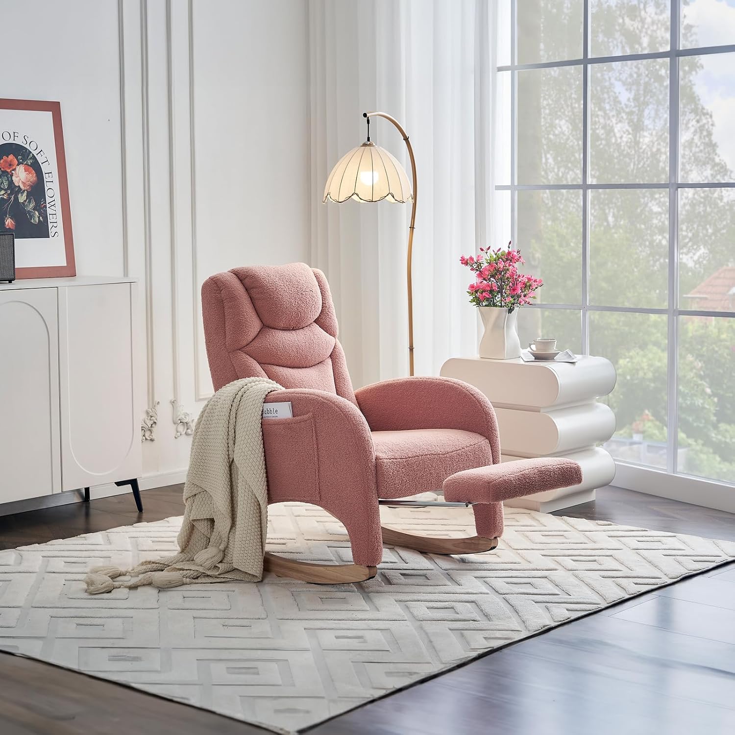 FOXHUNTER Rocking Chair Nursery, Modern Glider Chair with Adjustable Footrest and Solid Wood Legs, High Backrest Nursery Chair with Side Pocket, Rocker Armchair for Living Room Bedroom, Teddy Pink
