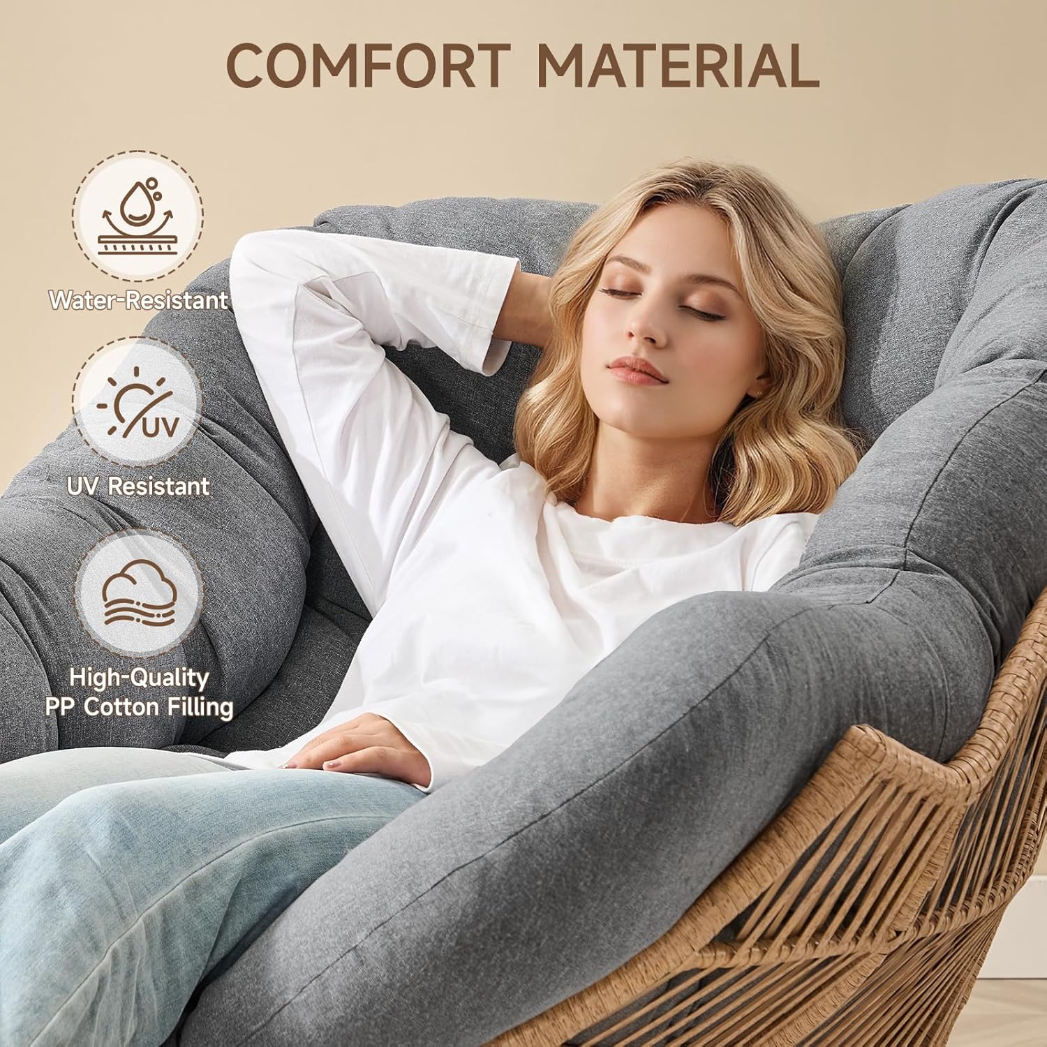 ONBRILL Papasan Rocking Chair with Ottoman,Oversized Papasan Chair with Padded Cushion, Indoor & Outdoor Rocker Chair for Living Room, Patio, Garden, Gray
