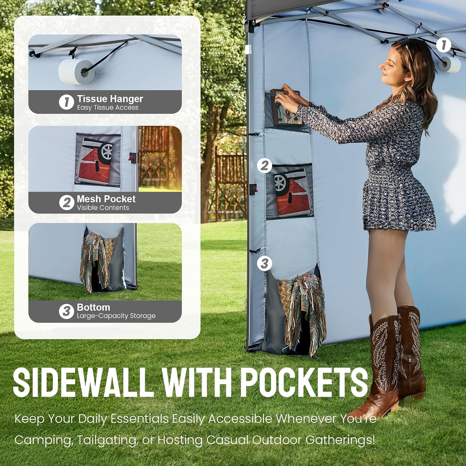 CROWN SHADES Canopy Tent 10x10 Pop Up Canopy Outdoor Shade with Pockets Sidewall, Easy Up Sun Shelter with One Person Set Up Center Lock, Portable Instant Camping Beach Canopies Tents, Grid Grey