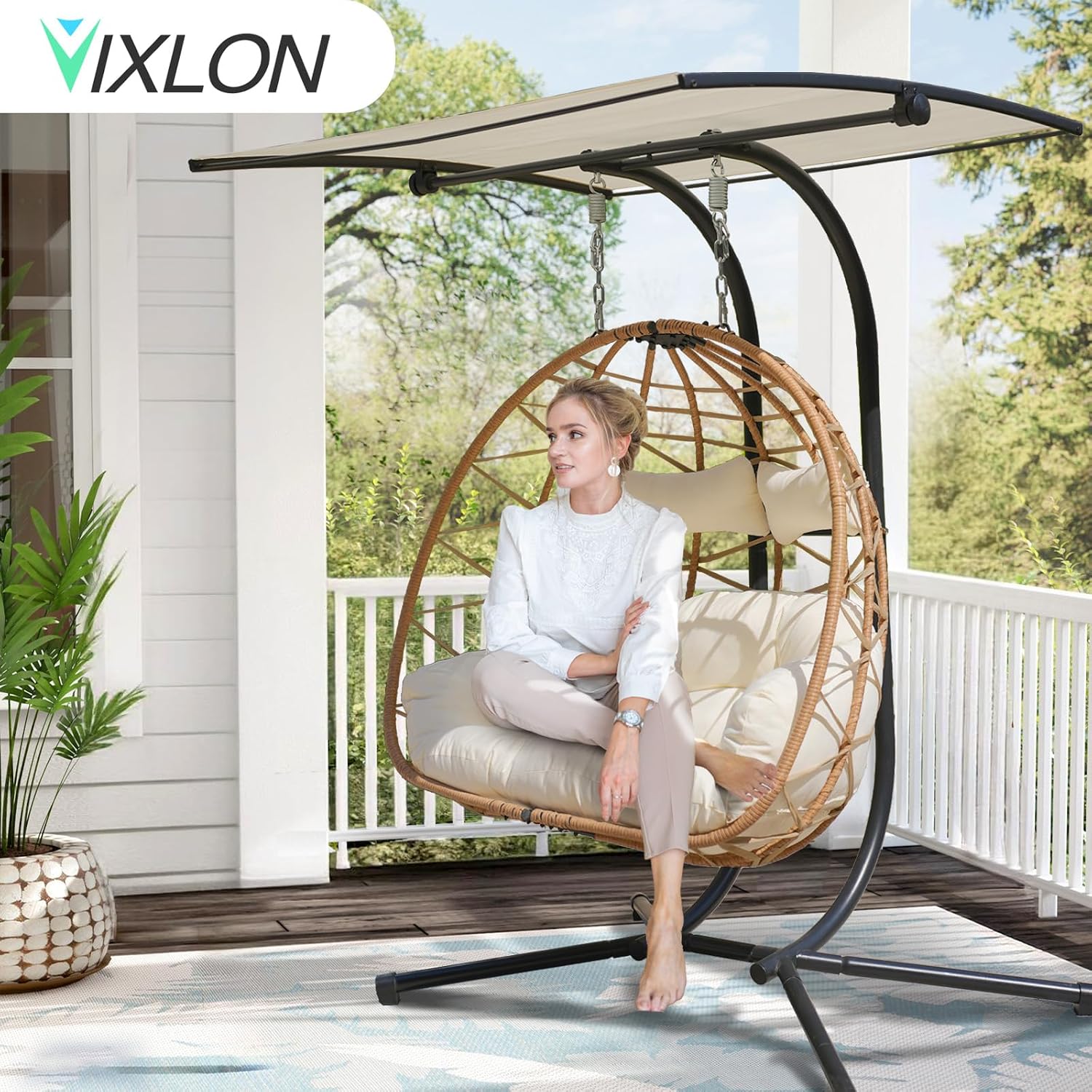 Double Egg Swing Chair with Stand and Canopy Indoor Outdoor, All-Weather Pe Rattan and Sturdy Powder-Coated Steel Frame, Splash-Proof Fabric & Thickened Uv Resistant Cushion, 600lbs Capacity (YB)