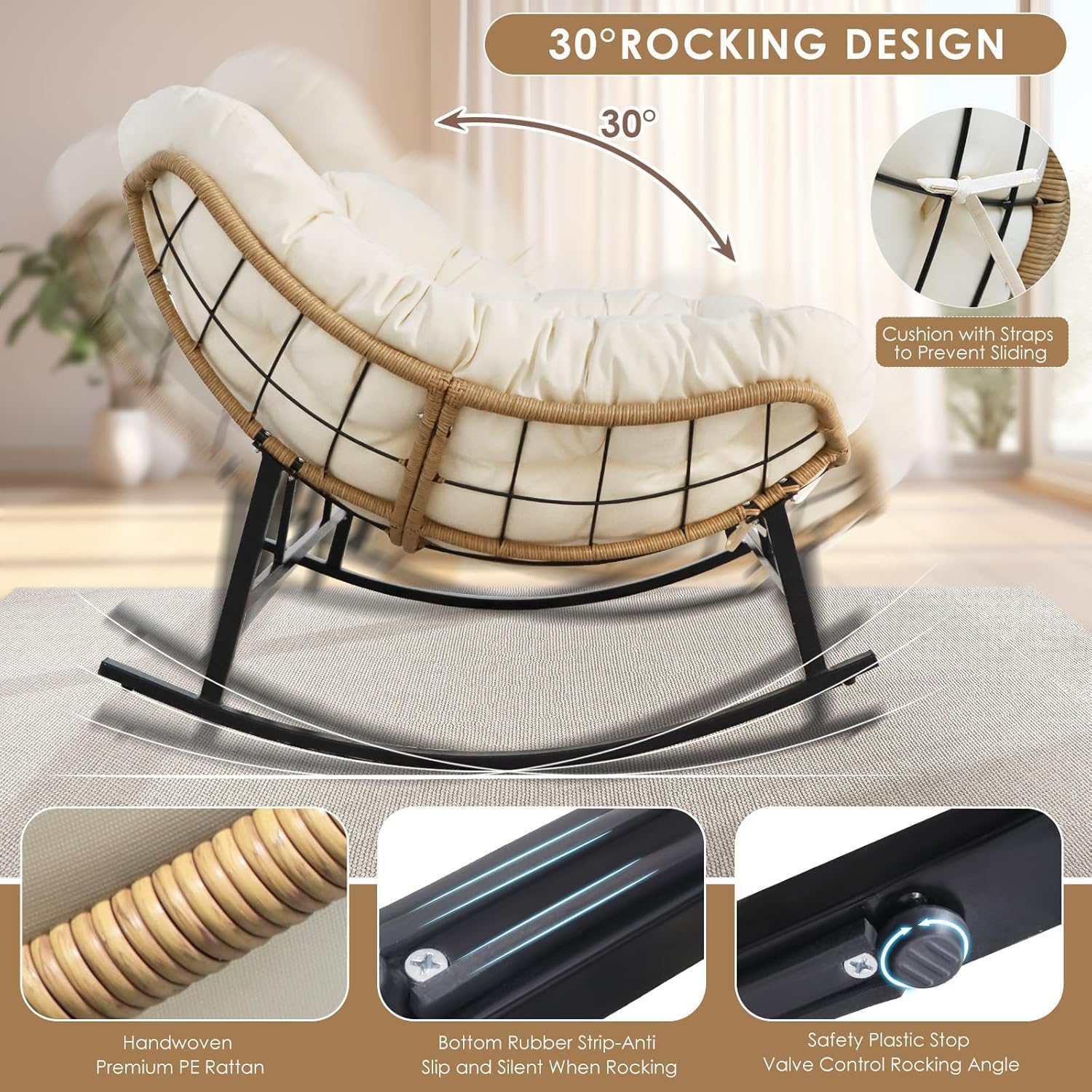 RADIATA Double Egg Rocking Chair for 2, Oversized Rattan Recliner Loveseat with Padded Cushion, Heavy Duty Comfy Large Papasan Rocker for Reading Outdoor Patio Balcony Backyard Indoor, Beige