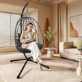 Hanging Egg Chair with Stand, Outdoor Indoor Rattan Wicker Swing Chair, Foldable Patio Hammock with Cushion, Dark Grey, 350 LBS Capacity (Dark Grey)