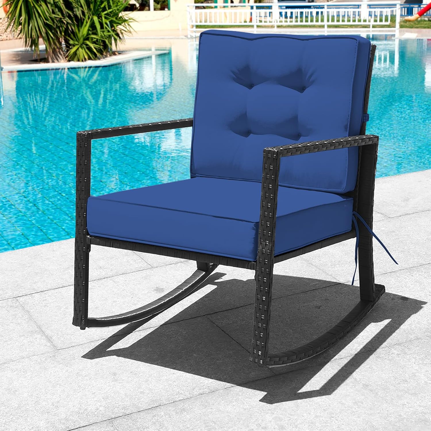 Tangkula Wicker Rocking Chair, Outdoor Glider Rattan Rocker Chair with Heavy-Duty Steel Frame, Patio Wicker Furniture Seat with 5' Thick Cushion for Garden, Porch, Backyard, Poolside (1, Blue)