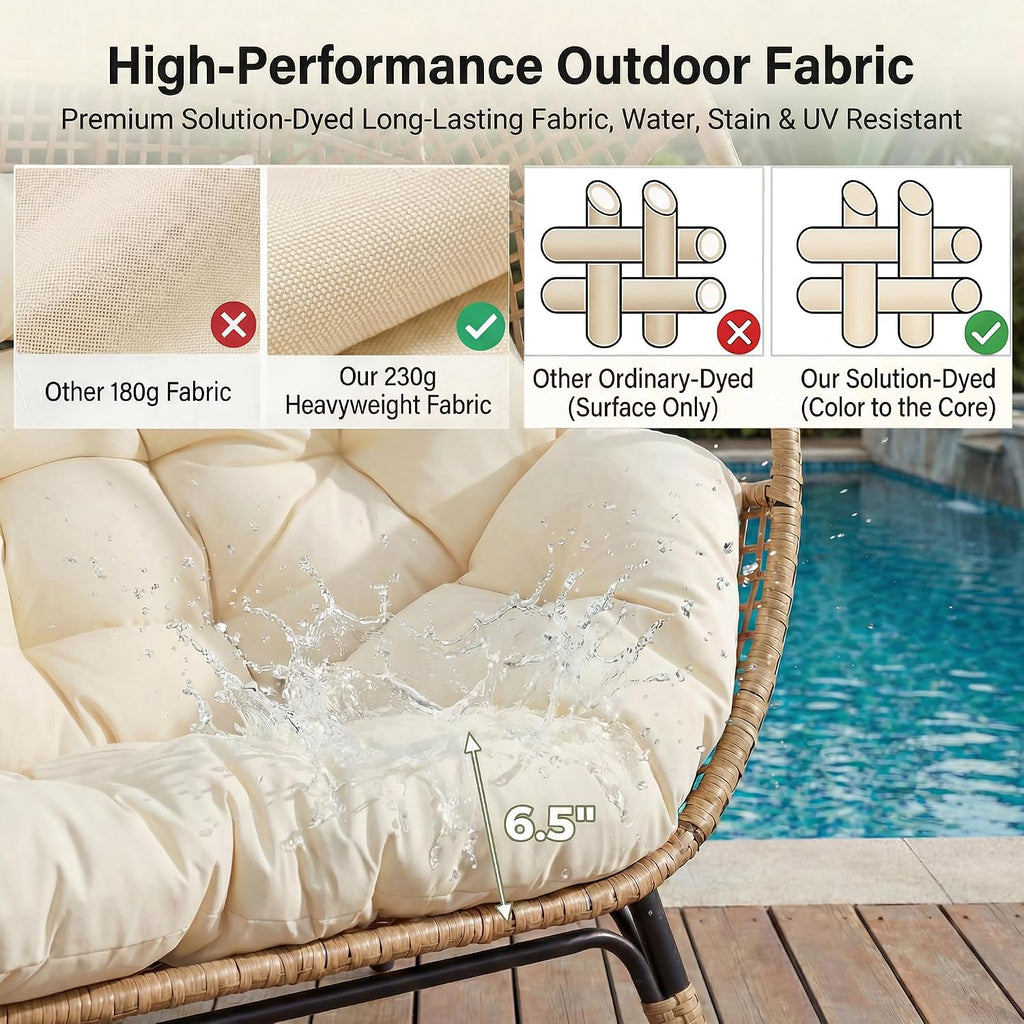 NICESOUL® Double Egg Chair Indoor Outdoor Stationary Oversized Thicken Padded Cushions,2 Person Egg Loveseat Chair, Extra Large Lounge Chair for Patio Balcony Porch Backyard Beige with Cover