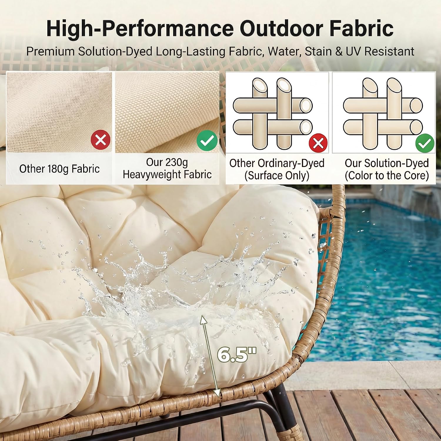 NICESOUL® Double Egg Chair Indoor Outdoor Stationary Oversized Thicken Padded Cushions,2 Person Egg Loveseat Chair, Extra Large Lounge Chair for Patio Balcony Porch Backyard Beige with Cover
