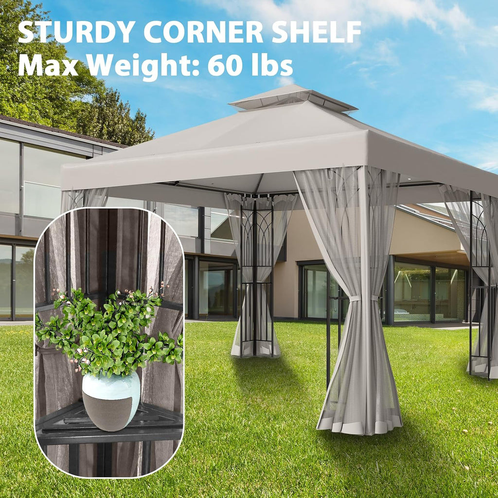 10x10 Outdoor Gazebo Tent with Netting and Corner Shelves, Double Roof Patio Gazebo with Soft Fabric Top, Outdoor Pavilion for Backyard Patio Garden Lawn, Beige