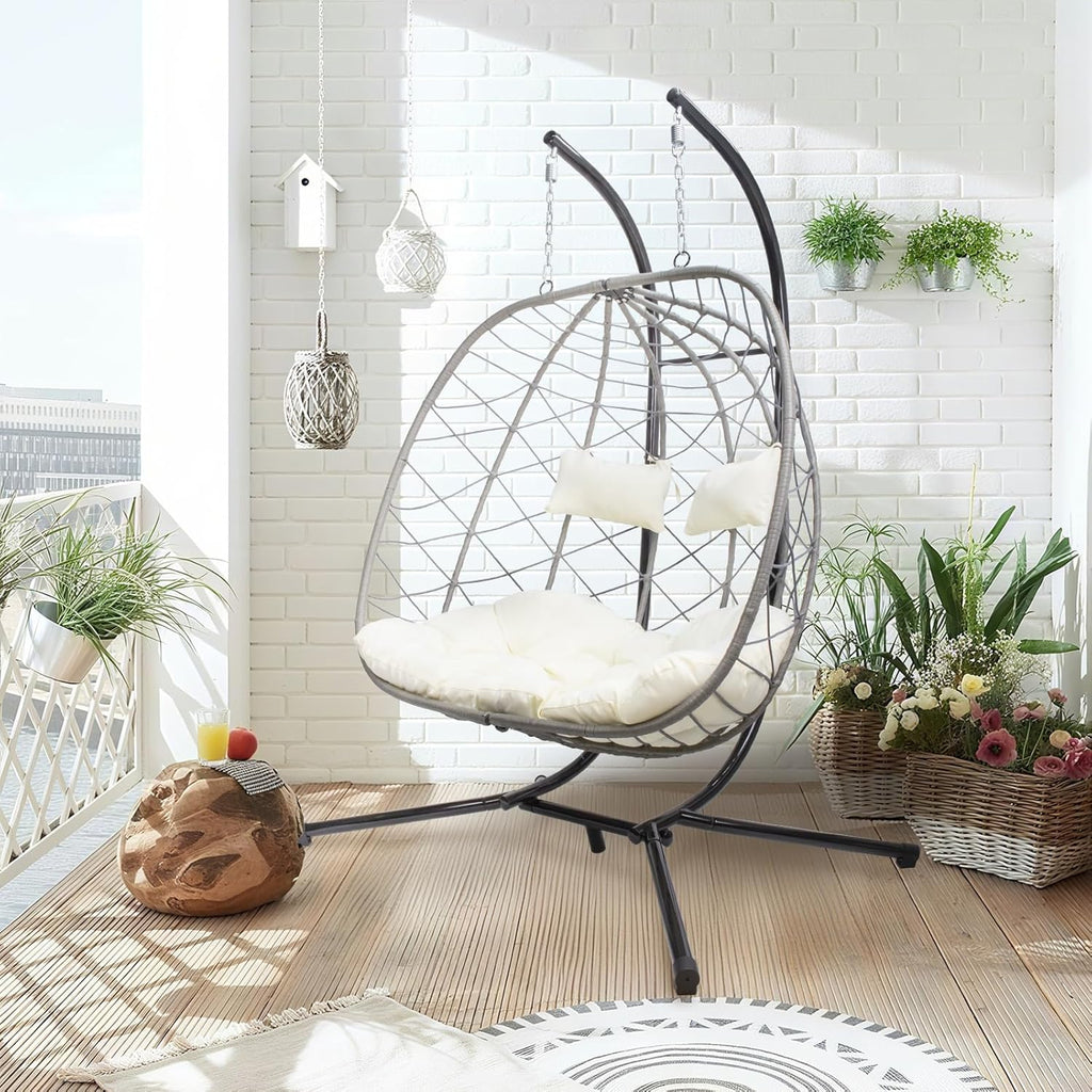 Egg Swing Chair with Stand, Outdoor Patio 2 Person Hanging Wicker Hammock Chairs with Cushion for Indoor Bedroom, Lawn, Garden