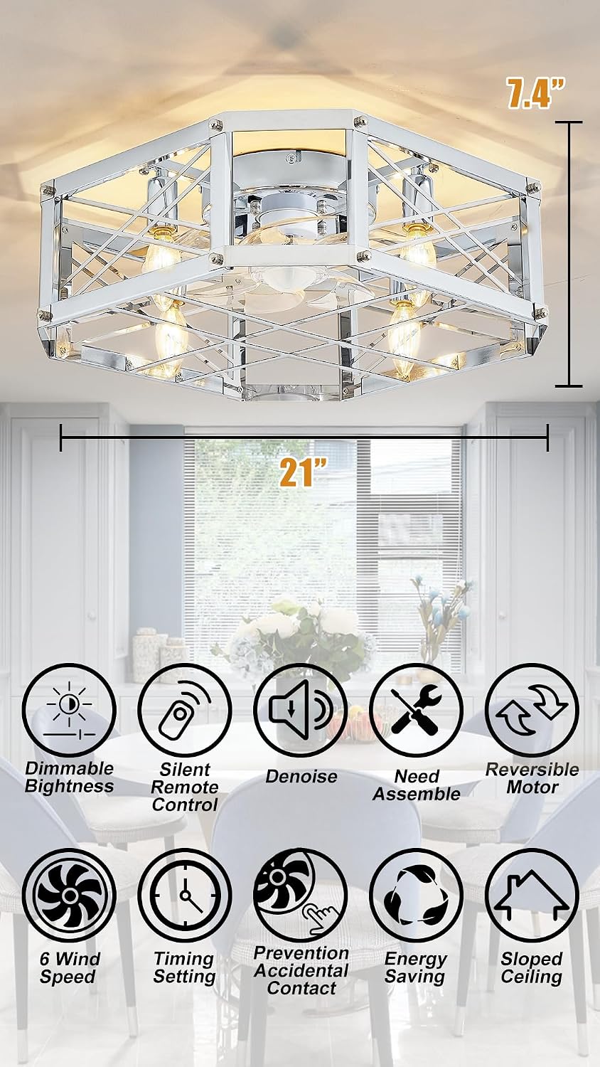 21'' Flush-Mount Ceiling Fan with Dimmable-Light and Memory Remote, Reversible-Motor, Perfect for Bedroom, Living room, Kitchen, Outdoor Gazebo, Patio, Low-Profile Design Sliver Cage