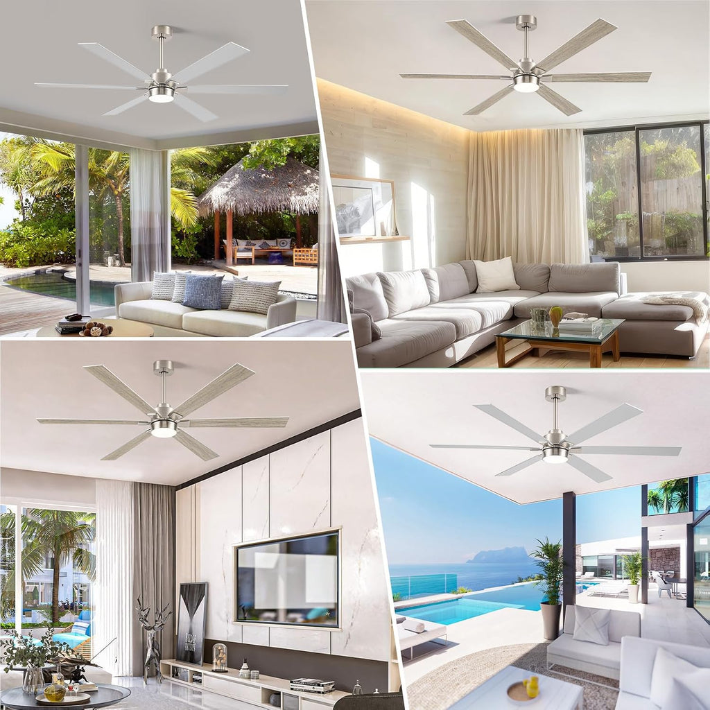 Outdoor Ceiling Fans for Patios with Light, 66 inch Large Ceiling Fans with Lights, Modern Indoor Exterior Large Airflow Commercial Ceiling Fan for Gazebo Porch Garage, Dual Finish-Nickel & Oak Gray