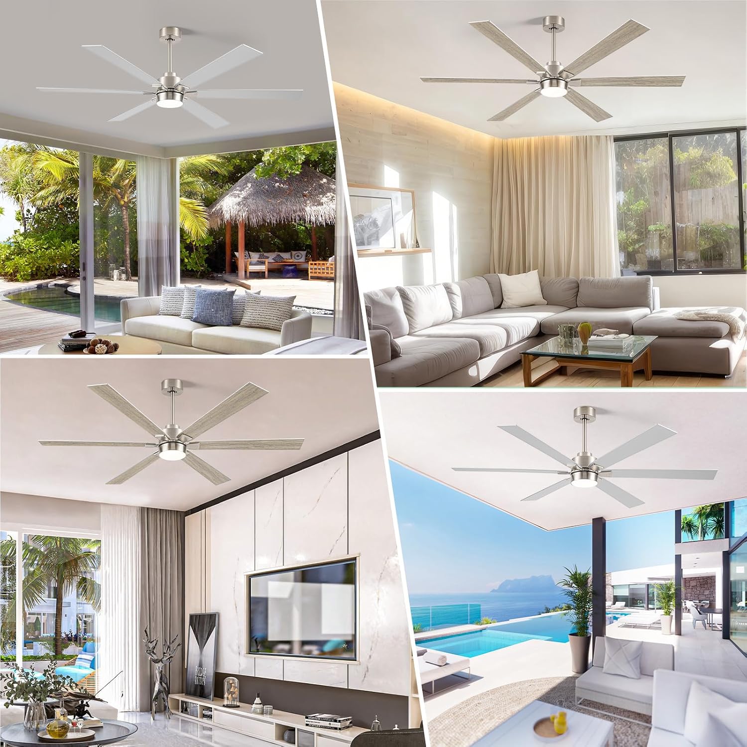 Outdoor Ceiling Fans for Patios with Light, 66 inch Large Ceiling Fans with Lights, Modern Indoor Exterior Large Airflow Commercial Ceiling Fan for Gazebo Porch Garage, Dual Finish-Nickel & Oak Gray