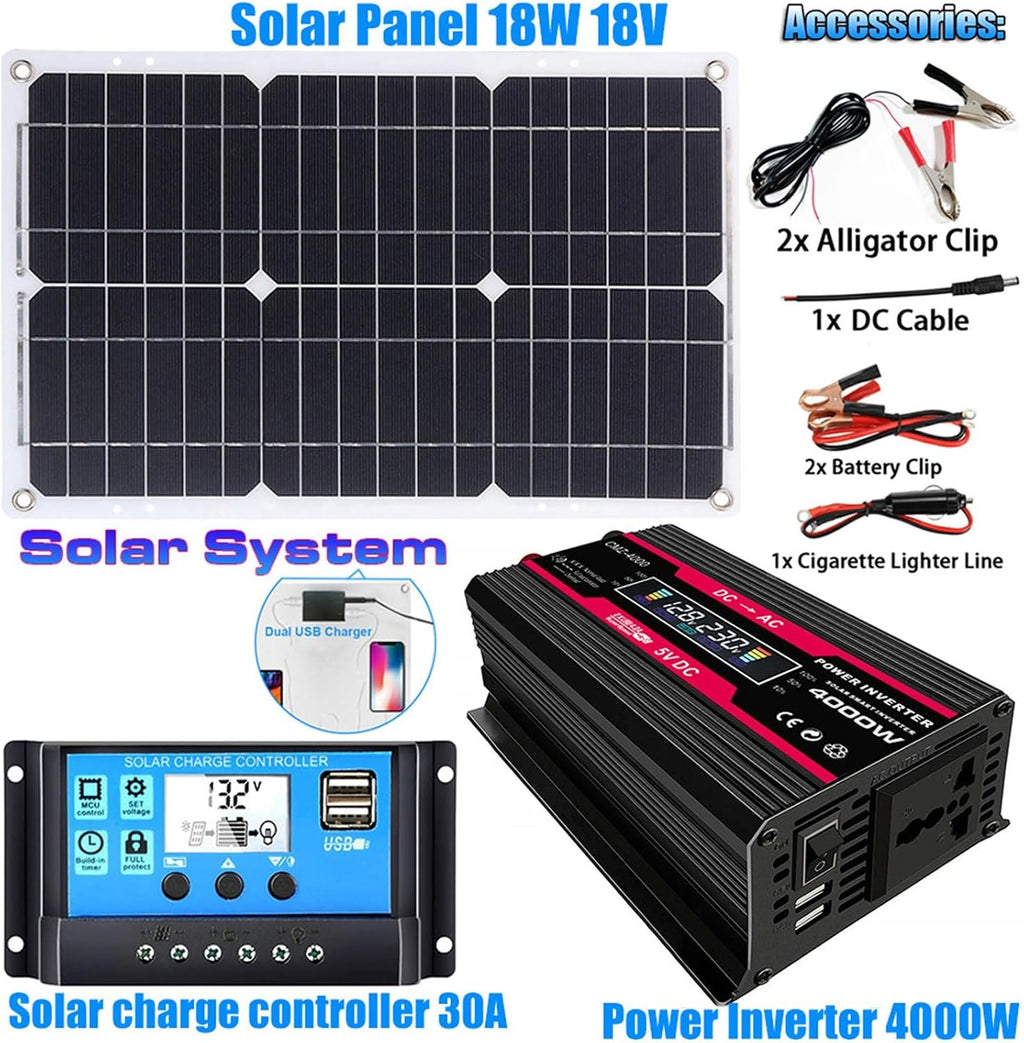 110V/220V 4000W Complete Solar Panel Kit with 30A Controller, 18W 12V Panel for Home, RV, Off-Grid, Generator (Color : Black, Size : 12V-110V)
