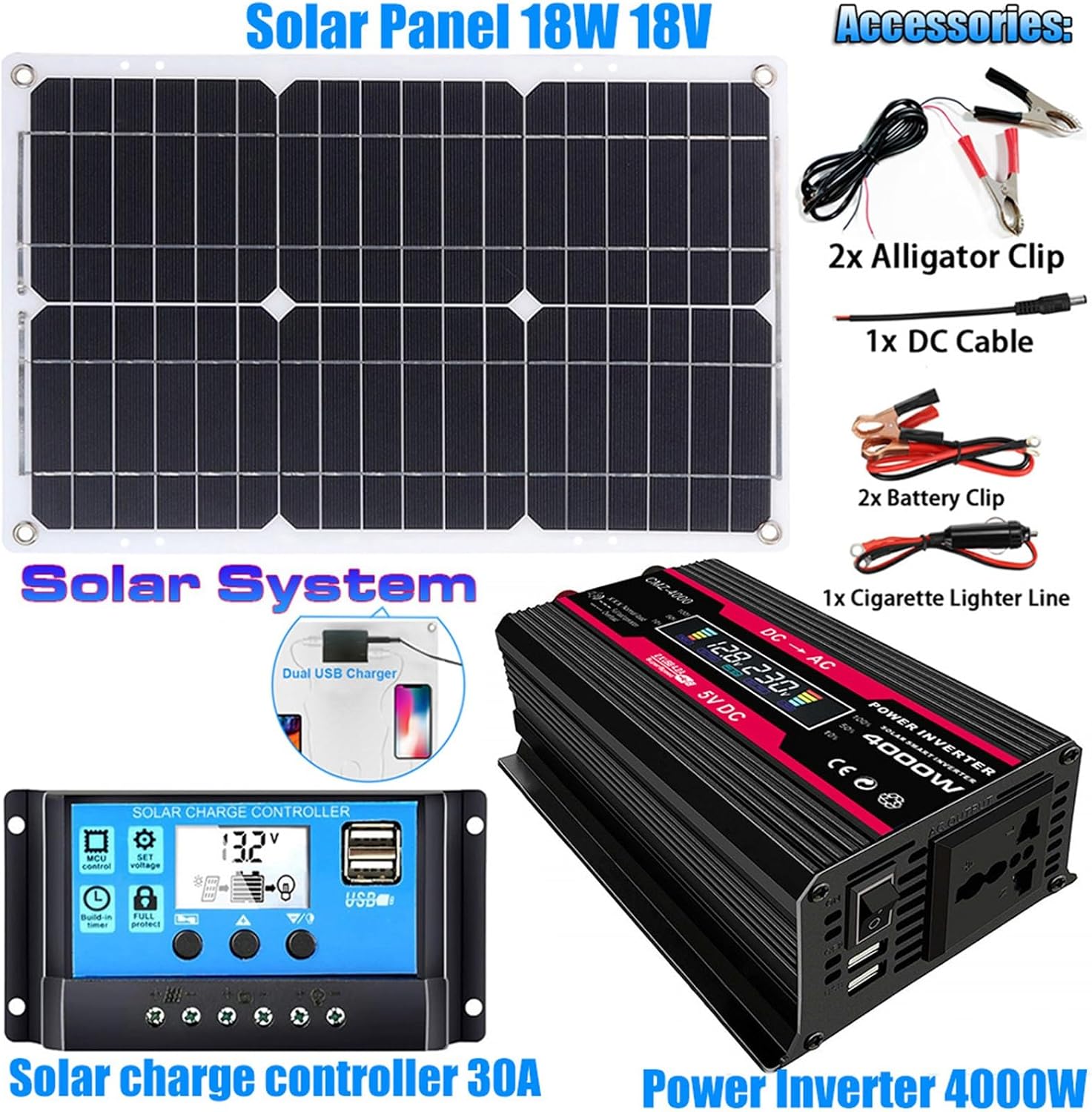 110V/220V 4000W Complete Solar Panel Kit with 30A Controller, 18W 12V Panel for Home, RV, Off-Grid, Generator (Color : Black, Size : 12V-110V)