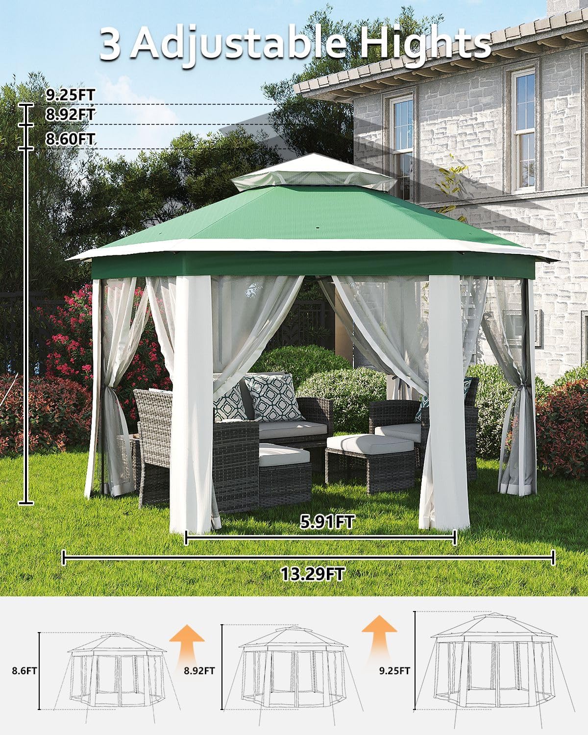 Pop Up Gazebo 13x13, Outside Canopy Tent-6 Side with Mosquito Netting, One Push Setup for Backyard Patio Garden Activities-Green