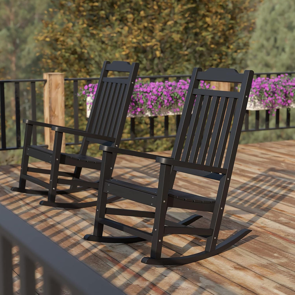 Flash Furniture Set of 2 Winston All-Weather Rocking Chair in Black Faux Wood