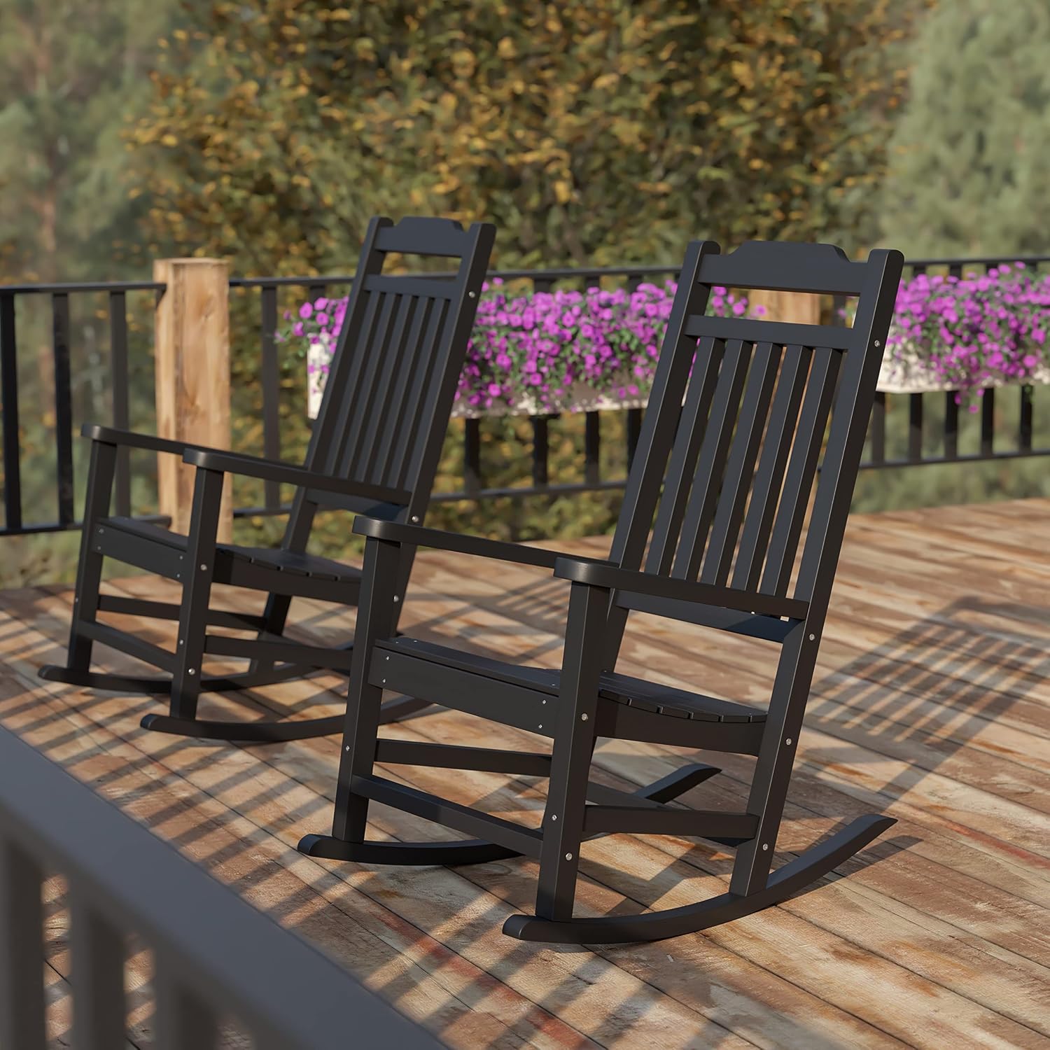Flash Furniture Set of 2 Winston All-Weather Rocking Chair in Black Faux Wood
