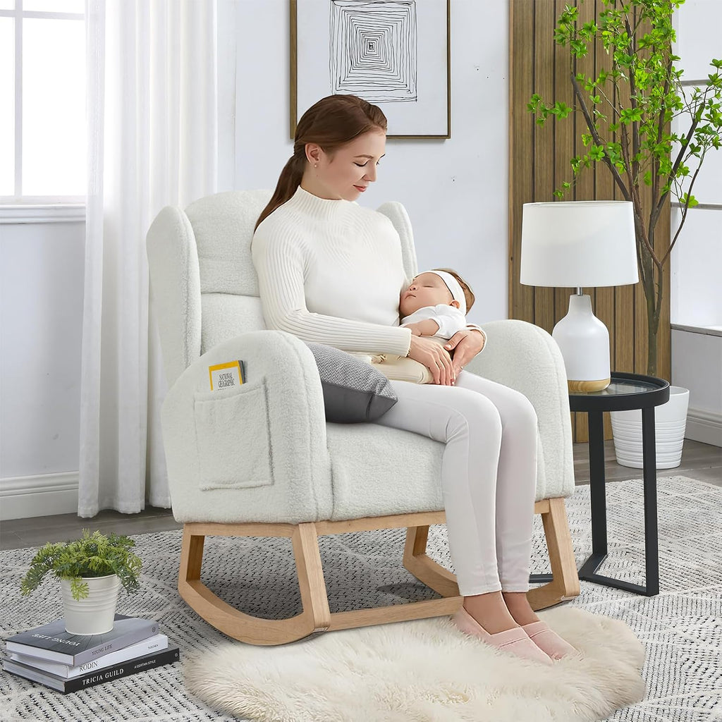 Rocking Glider Chair for Nursery, Wingback Teddy Accent Rocker Chair Upholstered Tall Back Arm Chair w/Side Pockets, Modern Leisure Single Sofa for Living Room, Hotel, Bedroom, Baby Room, Ivory