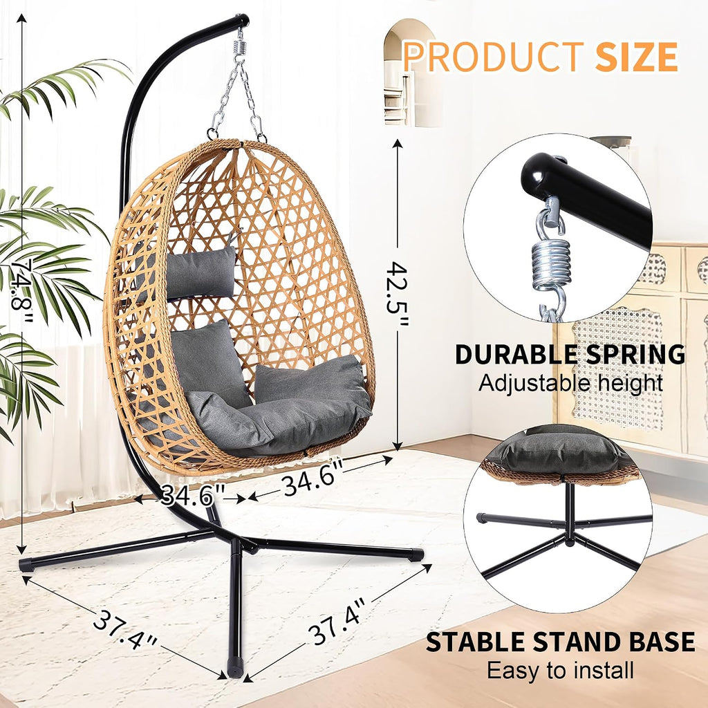 LHBCraft Hanging Egg Chair with Stand, Patio Wicker Swing Chair, Hammock Style with 350LBS Capacity for Bedroom, Balcony, or Garden (Yellow-Grey)