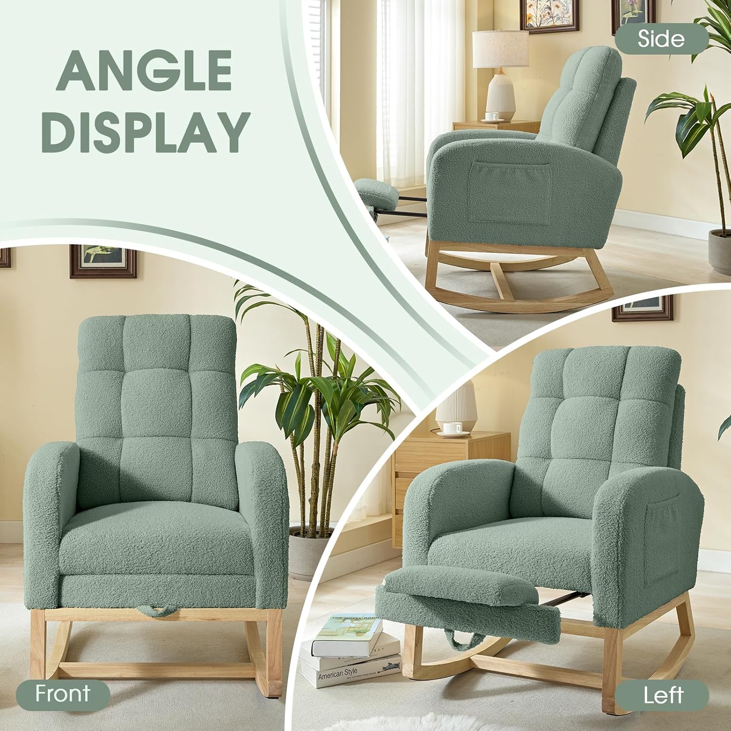 NIOIIKIT Modern Nursery Rocking Chair, Teddy Upholstered Rocking Chair with Footrest, Comfortable Rocker Chair with Side Pocket, Rocker Chair for Living Room, Bedroom, Nursing Room (Green)