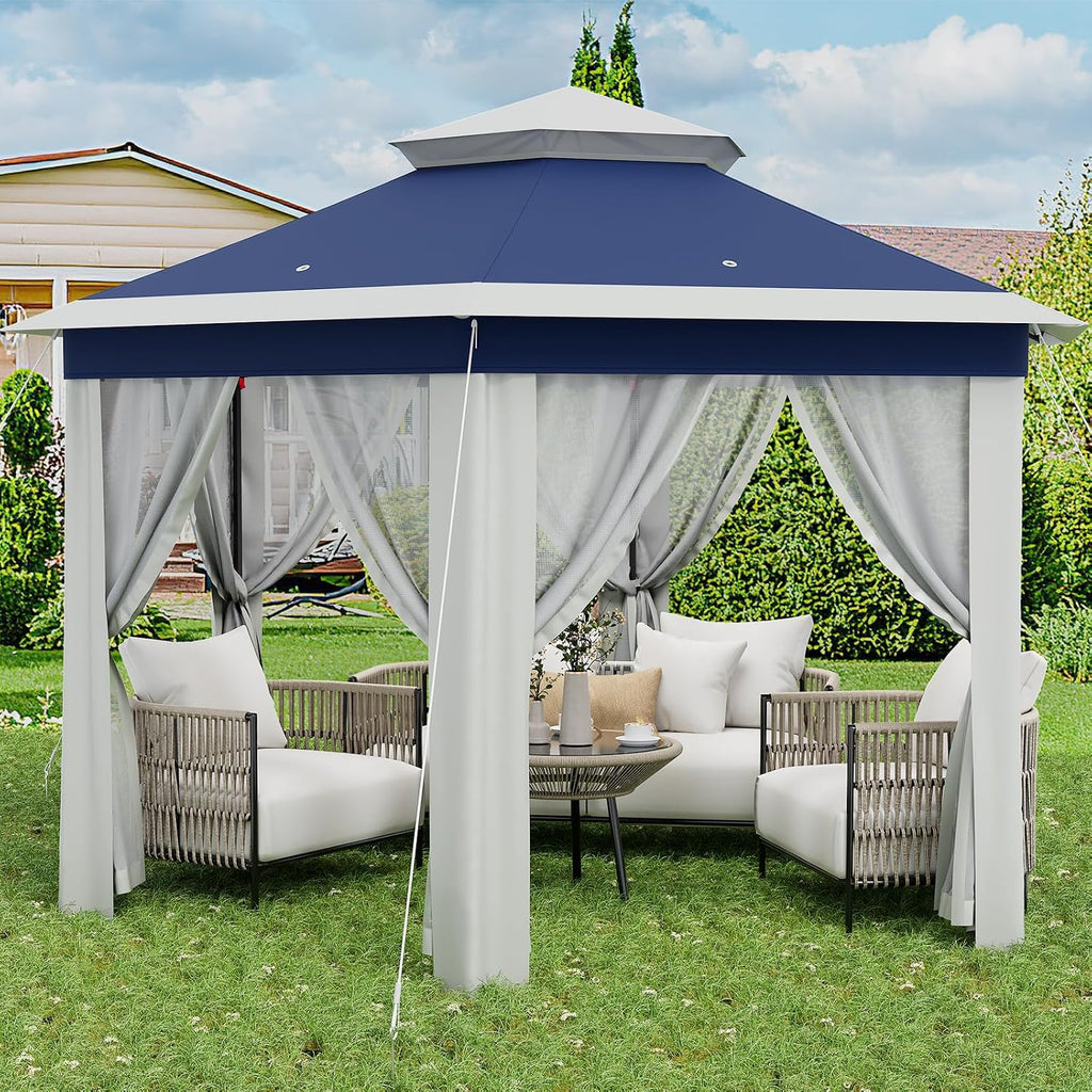 13'x13' Pop Up Gazebo with Mosquito Netting, Canopy Tent with Portable Carry Bag, Outdoor Gazebo for Backyard & Patio Furniture, Double-Layer Outdoor Pergola for Lawn, Garden, Blue
