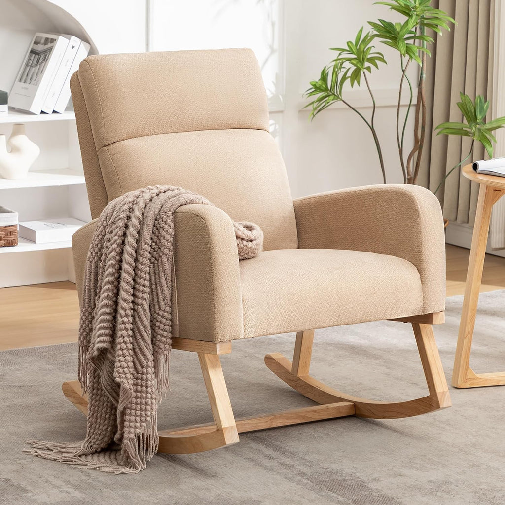 Rocking Chair Nursery, Uplostered Fabric Nursery Rocking Chair, Comfy High Backrest Rocker Nursing Chair for Mom Breastfeeding with Extended Legs for Living Room Bedroom, Khaki