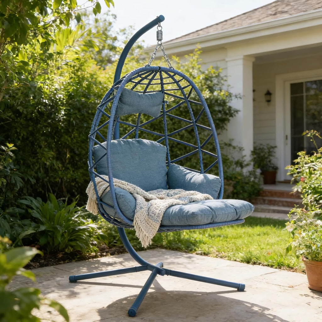 Hanging Egg Chair with Stand & Leg Rest,Rattan Wicker Swing Chair with Cushion,Patio Basket Hanging Chair Wicker Hammock Chair for Indoor Outdoor Bedroom Garden,300LBS (Blue Rattan&Blue Cushion)