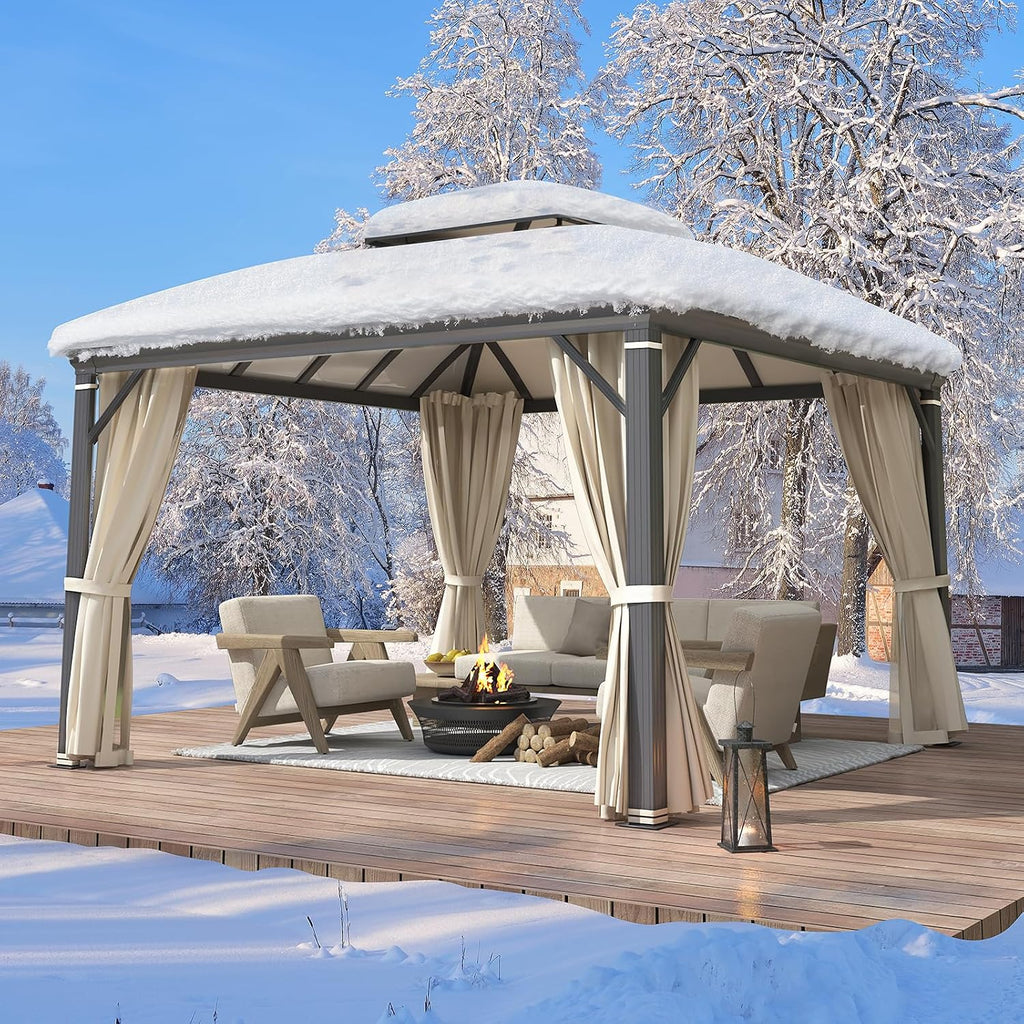 YOLENY 12'x12' Hardtop Gazebo, Permanent Outdoor Aluminum Patio Gazebo with Aluminum Composite Double Arc Roof for Patio Lawn and Garden, Curtains and Netting Included