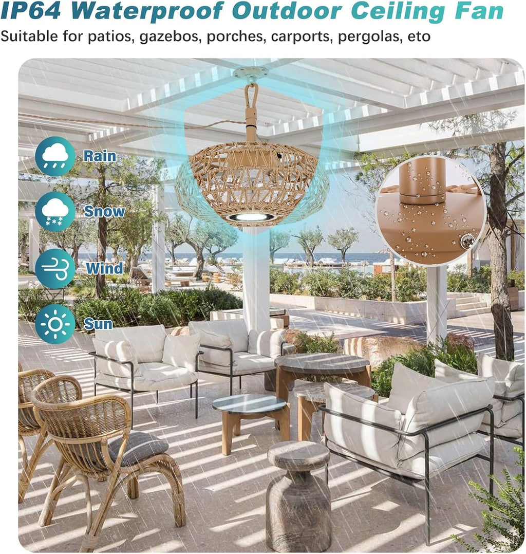 15'' Outdoor Gazebo Fan with Light, Outside/Indoor Hanging Rattan Ceiling Fan with Remote&APP Control, 3CCT Dimmable, 6-Speed DC Motor, Plug-in Wicker Woven Caged Ceiling Fans for Patio Pergola