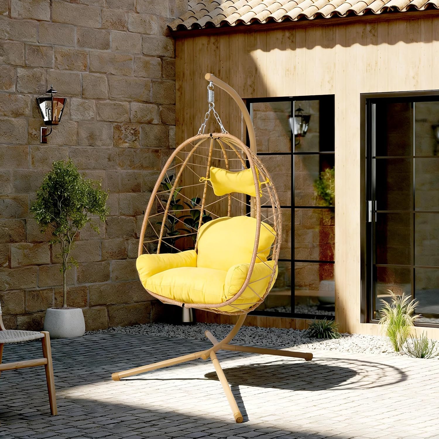 Egg Chair with Stand, Wicker Hanging Chair for Outdoor Patio, Cushioned Hammock Swing for Bedroom Garden Indoor/Outdoor, Double-Zipper Structure Hanging Egg Chair (Yellow and Yellow)