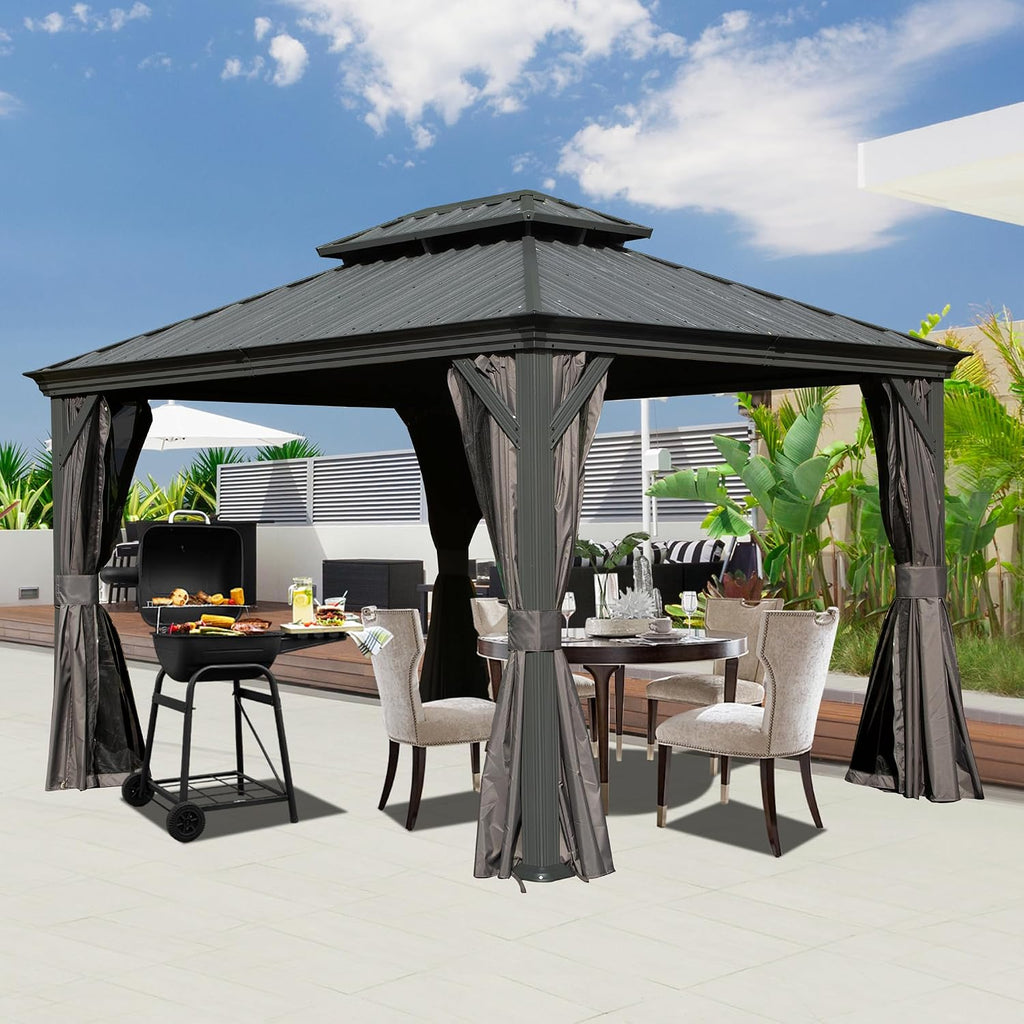 Domi 10' x 12' Outdoor Hardtop Gazebo, Upgraded Metal Gazebo with Galvanized Steel Double Roof, Heavy Duty Canopy Permanent Pavilion for Patio Lawn and Garden, Curtains and Netting Included, Grey