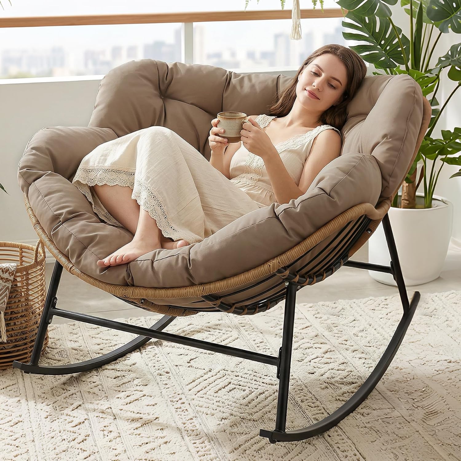 BULEXYARD Outdoor Papasan Rocking Chair with Cushion and Frame, Oversized Large Patio Lounge Chairs, Rattan Comfy Egg Recliner Chair, 450 Lbs Capacity Glider Rocker for Outside Bedroom Garden Brown