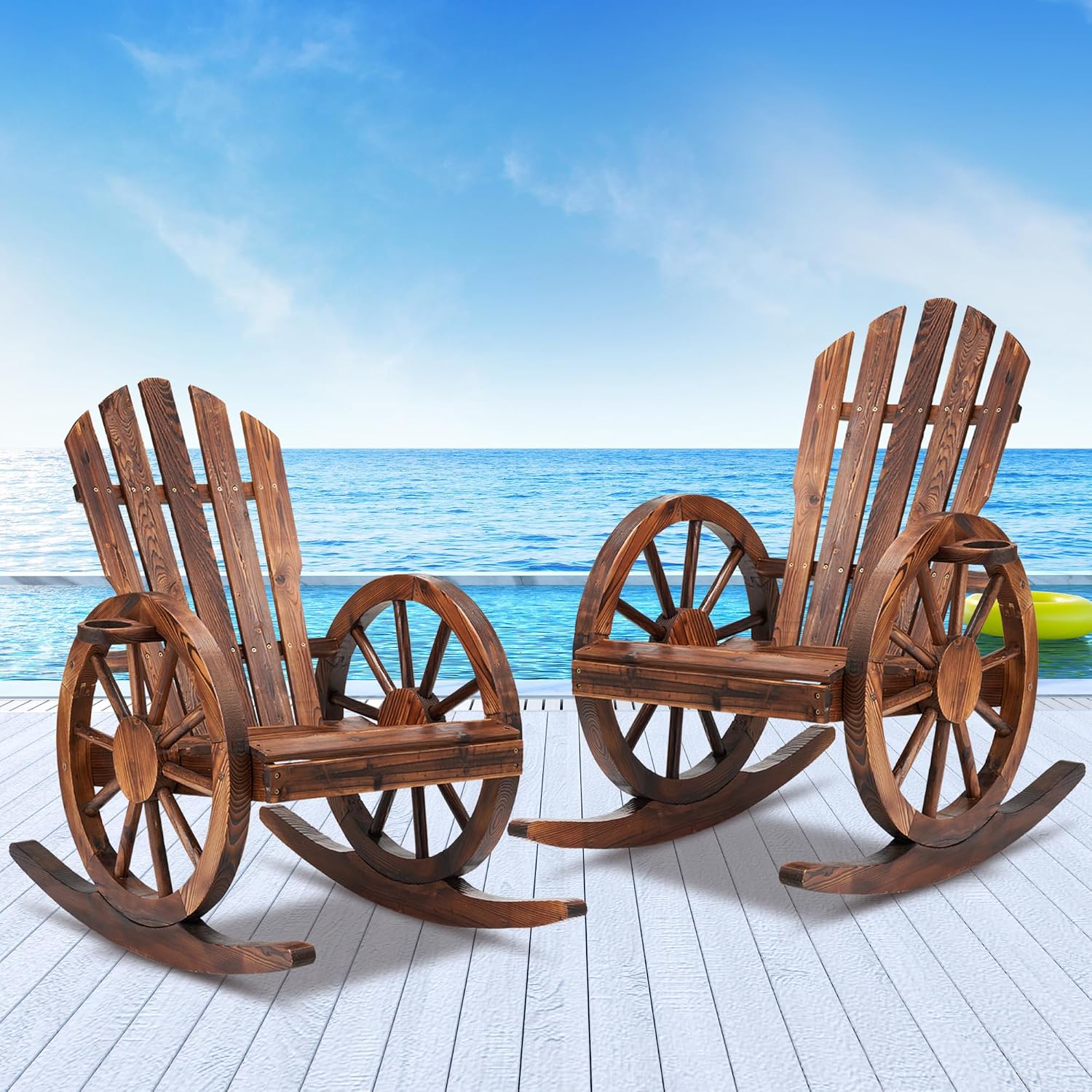 Spurgehom Outdoor Wooden Rocking Chair, Yard Glider Rocking Chairs Patio Decor Wood Rocker with Slatted Design, Adirondack Rocking Chair for Porch Lawn Garden Balcony Poolside, Brown（2PC）