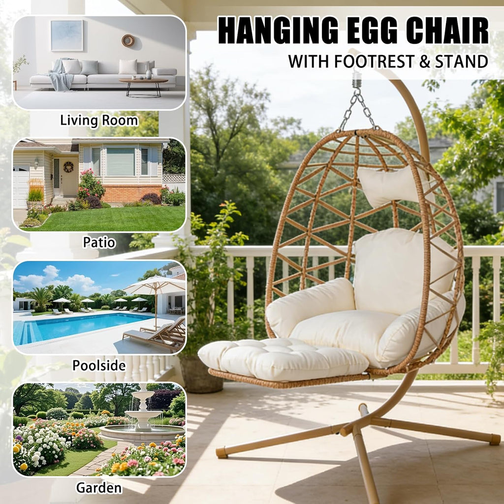 Hanging Egg Chair with Stand & Leg Rest,Rattan Wicker Swing Chair with Cushion,Patio Basket Hanging Chair Wicker Hammock Chair for Indoor Outdoor Bedroom Garden,300LBS (Yellow Rattan&Cream Cushion)