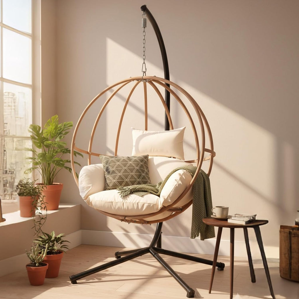 Egg Chair with Stand, Egg Swing Chair with Stand Outdoor, Outdoor Indoor Egg Swing Chair with Cushion Headrest for Patio, Porch, Balcony, Bedroom, Beige