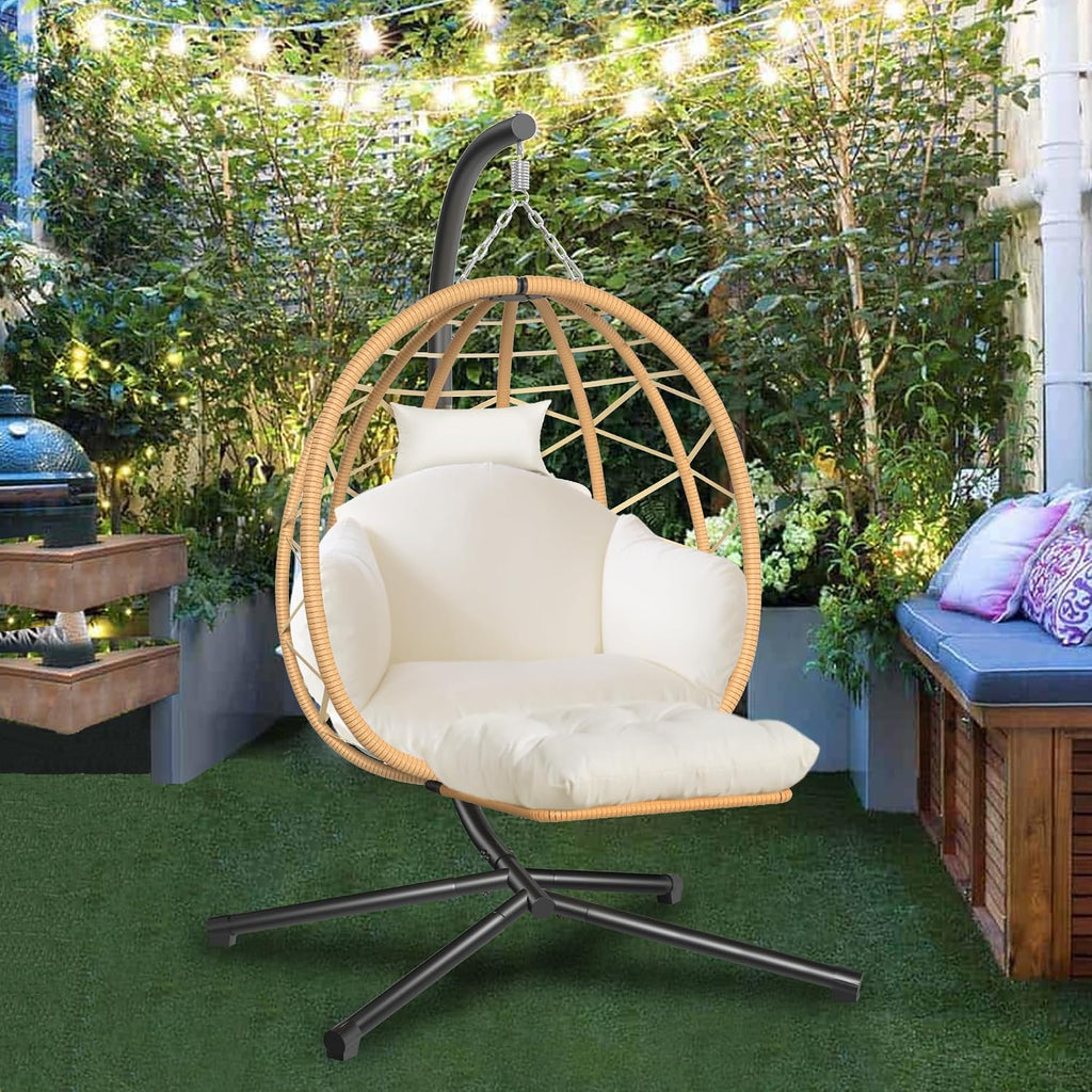 Hanging Egg Chair with Stand and Leg Rest Outdoor Indoor Swing Rattan Wicker with UV Resistant Cushions Gift for Kid Mom Girlfriend use for Bedroom Patio Balcony Nest Chair