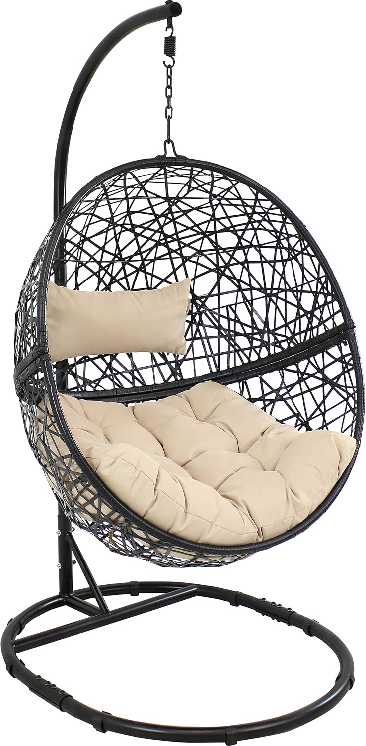 Sunnydaze Jackson Resin Wicker Hanging Egg Chair with Steel Stand - 265-Pound Weight Capacity - Includes Beige Cushions
