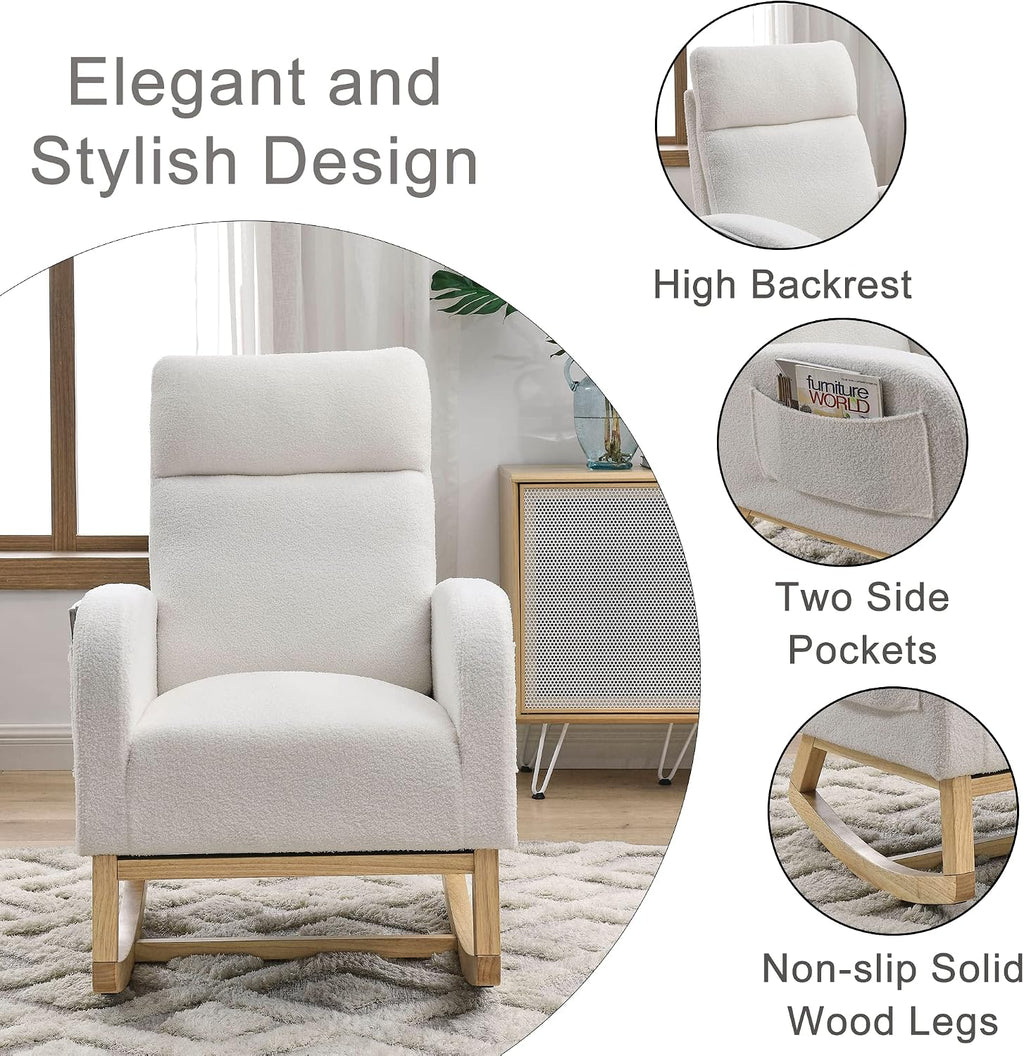 Nursery Rocking Chair with Solid Wood Legs, Glider Chair for Nursery with Two Side Pockets, Rocker Armchair for Living Room Bedroom (Ivory White, Teddy Fabric)