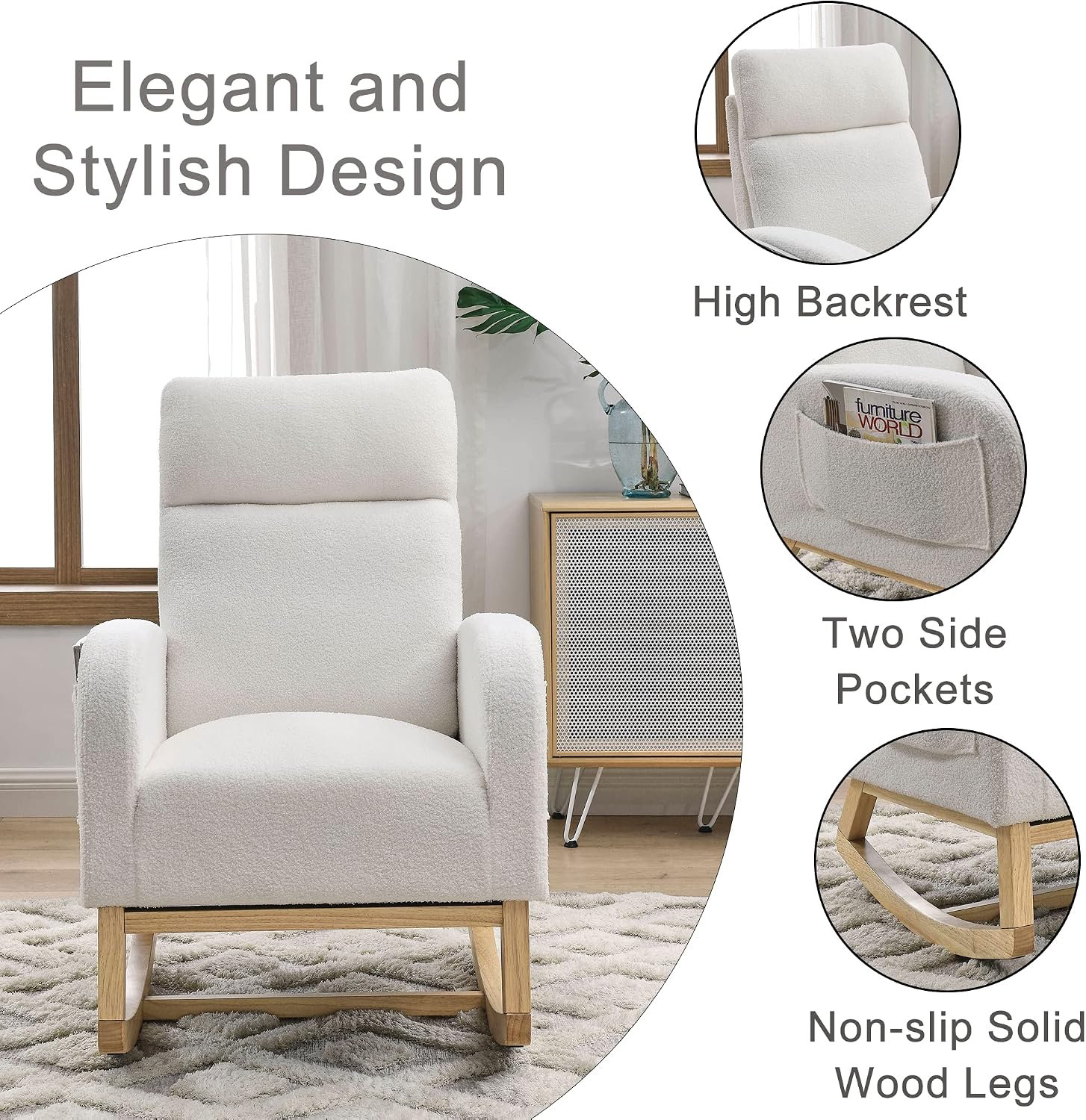 Nursery Rocking Chair with Solid Wood Legs, Glider Chair for Nursery with Two Side Pockets, Rocker Armchair for Living Room Bedroom (Ivory White, Teddy Fabric)