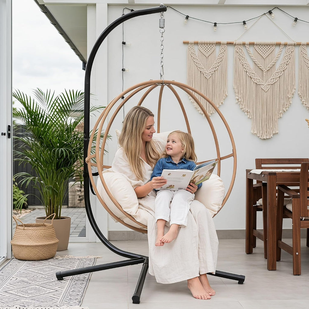 Egg Chairs Outdoor, Hanging Egg Chair with Stand, All Weather Swing Chair, Modern Swinging Egg Chairs Indoor, Metal Hanging Chairs with Cushions, Patio Lounge Chair for Balcony/Deck, Beige