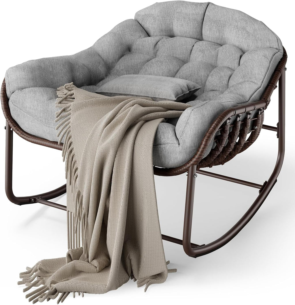 GarveeLife Outdoor Papasan Rocking Chair, Oversized Wicker Lounge Chair with Cushion and Metal Frame, Patio Rattan Egg Rocker for Balcony Backyard Porch Bedroom, Grey