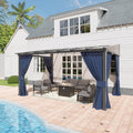 10' x 14' Gazebo for Patio,Wall Mounted Gazebo with Sloping Polycarbonate Roof,Aluminum Frame Outdoor pelgole w/Netting & Curtain for Garden,Deck,Backyard,NavyBlue