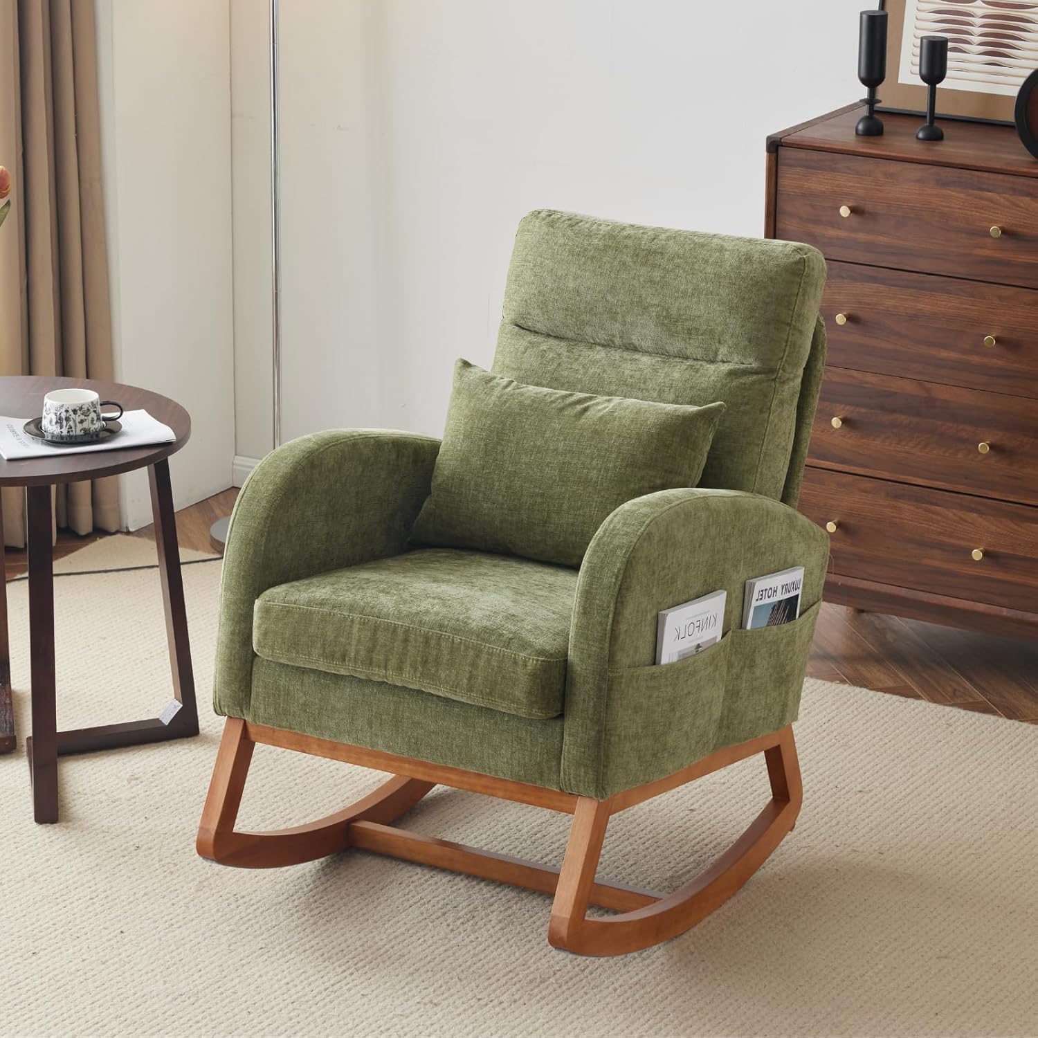VINGLI Olive Chenille Rocking Chair Nursery with Thick Headrest, Upholstered Mid-Century Modern Nursing Rocker Glider with Curved Armrest, Sturdy Solid Wood Base for Living Room, Bedroom, Baby Room