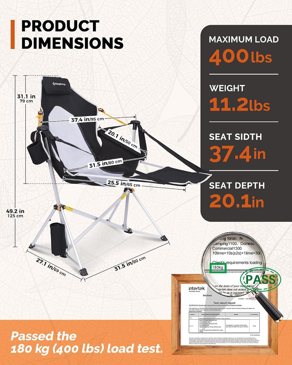 KingCamp Hammock Chair with Footrest – Heavy Duty Swinging Rocking Camping Chairs for Adults up to 400lbs, Folding Portable Oversized Rocker with Cup Holder & Pillow for Outdoor Beach Lawn RV Sports